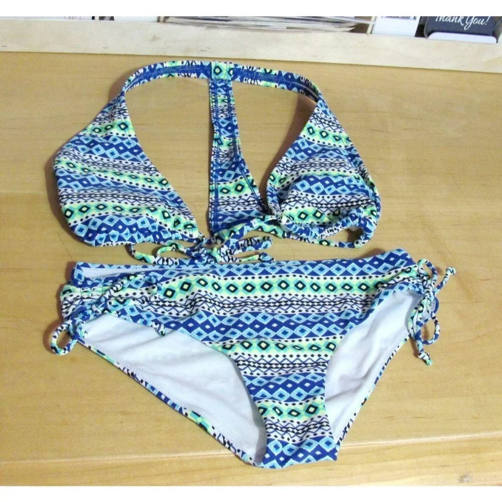 Gap Body Bikini Blue Geo T Back Sm Top XS Bottoms